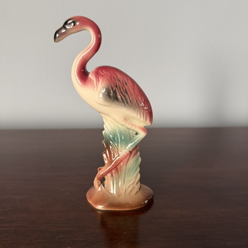Vintage Pink Flamingo mid-century Art Deco Style  Head Up Ceramic Figurine